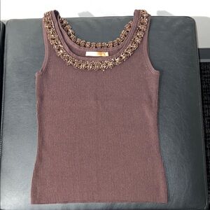 Embellished Brown Ribbed Tank Top